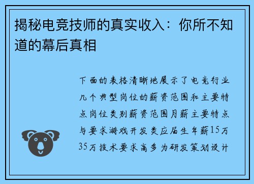 揭秘电竞技师的真实收入：你所不知道的幕后真相